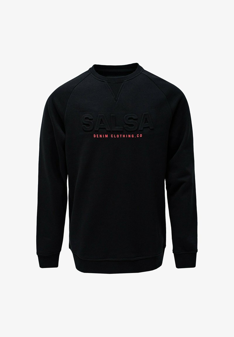 Sudadera negra con cuello redondo, puños acanalados y dobladillo. Presenta un logo en relieve "SALSA" y el texto "DENIM CLOTHING.CO" en rojo en el frente.