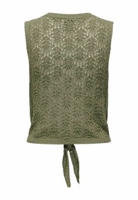 Top senza maniche lavorato a maglia in verde oliva, con un motivo in pizzo, collo rotondo e un fiocco sul retro. Tessuto leggero e testurizzato.