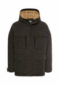 Dunkelgrüne isolierte Jacke mit einer mit Fell gefütterten Kapuze, zwei großen Brusttaschen, seitlichen Reißverschlusstaschen und Knopfverschlüssen. Innenteppich in hellbraun.