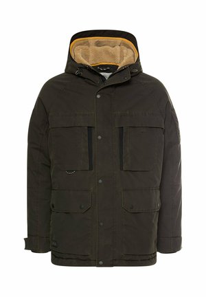 Veste isolante vert foncé avec capuche en fourrure, deux grandes poches sur la poitrine, poches latérales zippées et fermetures à bouton. Doublure intérieure en marron clair.