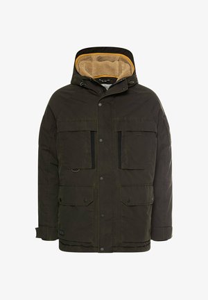 Dark green insulated jacket with a fur-lined hood, two large chest pockets, zippered side pockets, and button closures. Inner lining in light brown.