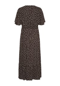 Robe midi marron à pois blancs, manches courtes volantées, taille élastique et ourlet volanté vue de dos.