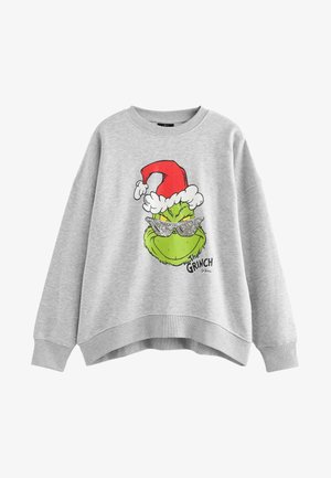 Grå sweatshirt med et stort, farverigt grafik af Grinch iført en rød julestrømpehat og sølvfarvede solbriller på forsiden.