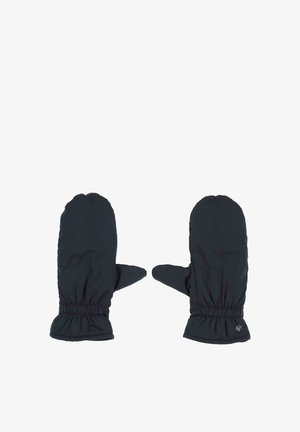 Schwarze isolierte Fäustlinge mit gepolstertem Textur, elastischen Handgelenkbündchen und einem gewebten Logo-Detail an einem Bündchen.