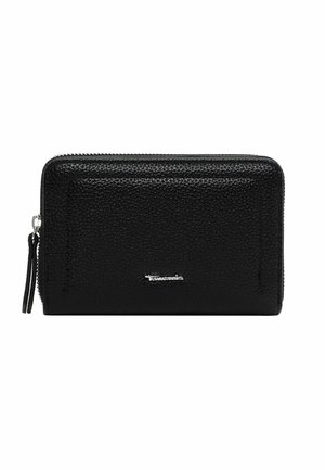 Sort tekstureret læderpung med lynlås hele vejen rundt, sølv lynlås og lille sølvlogo i midten foran.