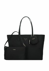Zwarte totebag met dubbele handvatten, voorzien van een logo plaat en een kleine afneembare pouch. Gladde textuur en minimalistisch ontwerp.