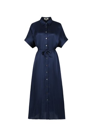 Navyblaues, knöpffreies Kleid mit kurzen Ärmeln, Taillengürtel und glatter Textur; verfügt über eine gerade Silhouette und ein knielanges Design.