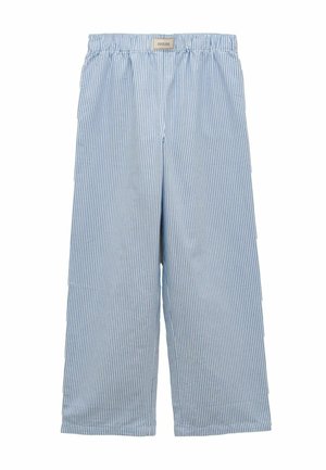 Hellblaue und weiße, vertikal gestreifte Hose mit elastischem Bund, weiten Beinen und einem kleinen "Joules"-Label am Bund.