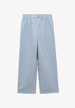 Hellblaue und weiße, vertikal gestreifte Hose mit elastischem Bund, weiten Beinen und einem kleinen "Joules"-Label am Bund.