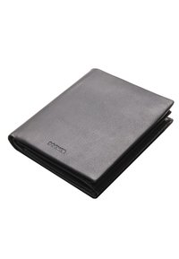 Black leather wallet with a textured finish, folded design, and embossed logo on the front. Compact and sleek, suitable for storage.