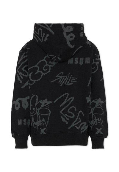 Felpa nera con cappuccio caratterizzata da testo e disegni in stile graffiti grigio. Il materiale è morbido con una finitura testurizzata. Include un cappuccio e maniche con polsini.