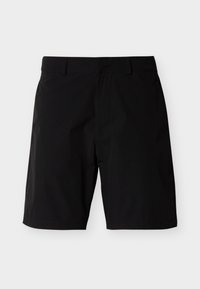 Μαύρο σορτς κατασκευασμένο από ελαφρύ ύφασμα, με φλατ σχεδιασμό στο μπροστινό μέρος και πλαϊνές τσέπες. Λείο ύφασμα με ραφές για διακόσμηση.