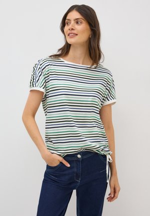 Gestreepte T-shirt in groen, marineblauw en wit, met een ontspannen pasvorm, ronde halslijn en een trekkoorddetail aan de zoom. Korte mouwen met opgerolde manchetten.