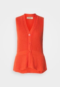 Πλεκτό γιλέκο χωρίς μανίκια σε ζωντανό πορτοκαλί χρώμα, με λαιμόκοψη σε σχήμα V, ριμπ υφή και πέντε κουμπιά στην μπροστινή πλευρά, με καμπυλωτό τελείωμα.