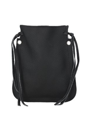 Săculeț din piele neagră texturată, cu șnur și două bretele trecut prin ochiuri metalice pe părțile superioare laterale.