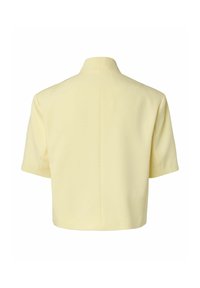 Vue arrière d’une veste à manches courtes jaune pâle avec un col montant et un ourlet droit.