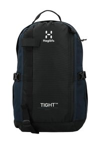 Zaino nero e blu con forma rettangolare, dotato di cinghie laterali regolabili, maniglia superiore e un logo sulla parte anteriore.