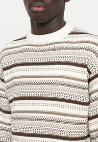 Pull en maille avec un col rond, présentant des rayures horizontales crème et marron, des motifs texturés et un col côtelé.