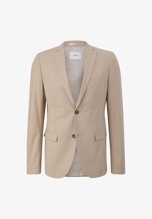 Blazer ajustado de color beige hecho de tela texturizada. Cuenta con dos bolsillos delanteros, cierre de botón único y detalles de costura sutiles.