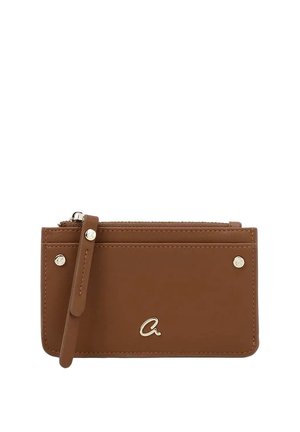 Portafoglio in pelle marrone con tasca frontale, bottoni a pressione dorati, chiusura con cerniera e piccolo logo a forma di lettera "a" dorata sul davanti.