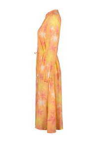 Langes, gelbes Kleid mit floralem Druck in Pink und Weiß, einer taillierten Taille und elastischen Bündchen an den Ärmeln.