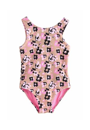 Maillot de bain une pièce floral en beige avec un motif floral rose et noir. Dispose de bretelles larges et d'une doublure intérieure rose. Tissu lisse et extensible.