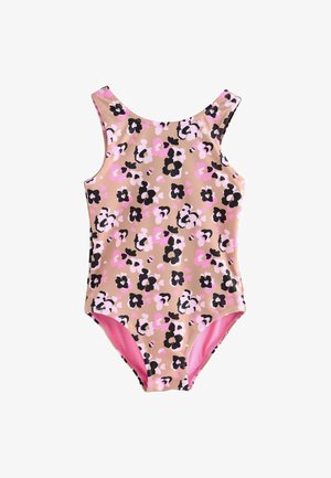 Beige Badeanzug mit floralem Muster in Pink und Schwarz. Mit dicken Trägern und pinker Innenseite. Glattes, dehnbares Material.