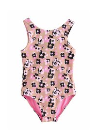 Beige színű, pink és fekete virágmintás egyrészes fürdőruha. Vastag pántokkal és pink bélésével rendelkezik. Simító, rugalmas anyag.