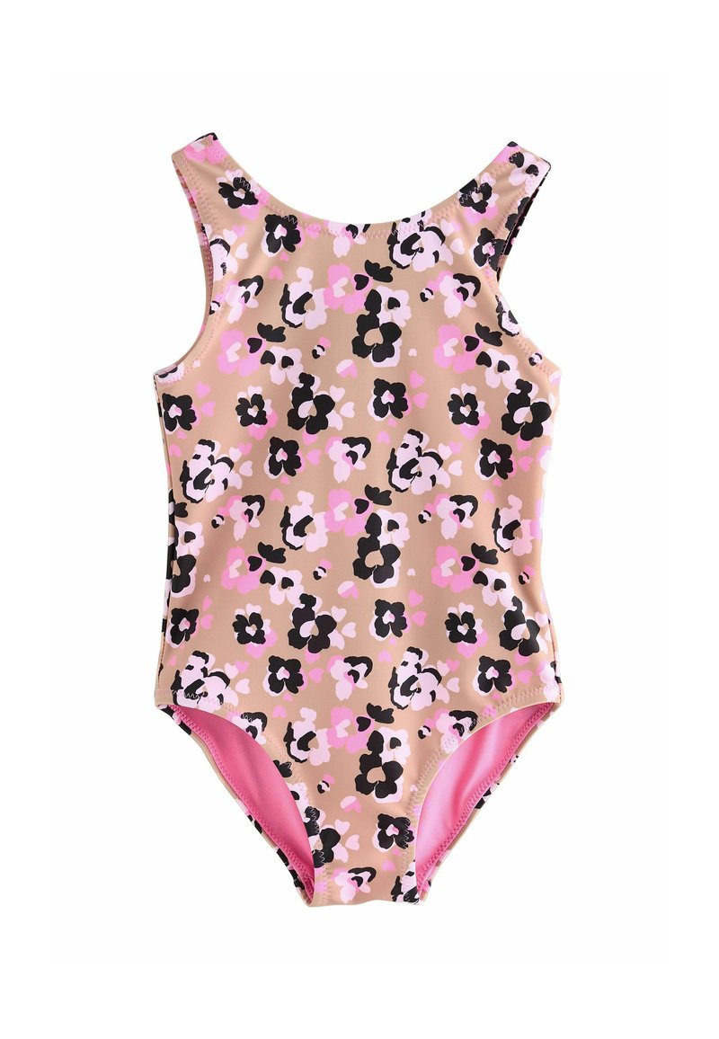Beige színű, pink és fekete virágmintás egyrészes fürdőruha. Vastag pántokkal és pink bélésével rendelkezik. Simító, rugalmas anyag.