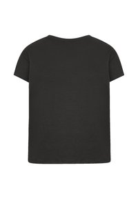 Schwarzes Baumwoll-T-Shirt, kurze Ärmel, runder Halsausschnitt, weiche Textur, schlichtes Design, keine sichtbaren Logos oder Muster auf der Rückseite.