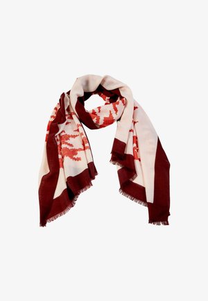 Rødt og cremefarvet mønstret tørklæde med geometrisk design, mørkebrune kanter og en blød tekstur, elegant draperet.