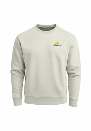 Hellgrau Sweatshirt mit Rundhalsausschnitt, gerippten Bündchen und Saum, das ein gesticktes Zitronenlogo und Markentext auf der linken Brust aufweist.