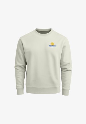 Hellgrau Sweatshirt mit Rundhalsausschnitt, gerippten Bündchen und Saum, das ein gesticktes Zitronenlogo und Markentext auf der linken Brust aufweist.