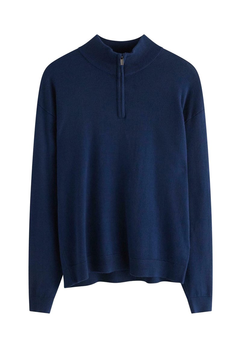 Granatowy sweter z wysokim prążkowanym kołnierzem i półsuwnym zapięciem, wykonany z miękkiego materiału. Posiada długie rękawy i luźny krój na dole.