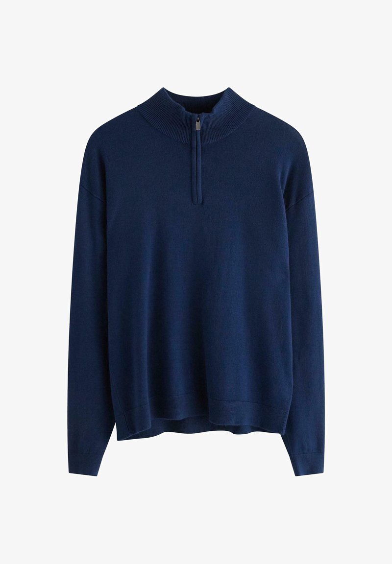 Granatowy sweter z wysokim prążkowanym kołnierzem i półsuwnym zapięciem, wykonany z miękkiego materiału. Posiada długie rękawy i luźny krój na dole.