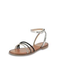 Platte sandaal met zilverkleurige en zwarte banden, enkelgesp en een bruine leren zool. Open teen ontwerp met een minimalistische structuur.