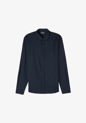 Marineblauw overhemd met lange mouwen, knoopsluiting aan de voorkant, klassieke kraag en een zachte textuur. Heeft een reguliere pasvorm en blauwe knopen.