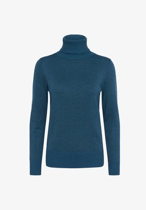 Tyk turkos polo tröja gjord av ett mjukt stickat material. Ribbad struktur vid kragen och ärmsluten, figurnära silhuett.