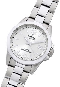 Reloj de cuarzo plateado con cristal de zafiro, resistencia al agua de 10 bares, esfera plateada, marcadores de hora audaces y correa de acero inoxidable.