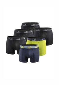 Six pairs of Puma boxer briefs in black, navy, and yellow, arranged in two rows against a white background.