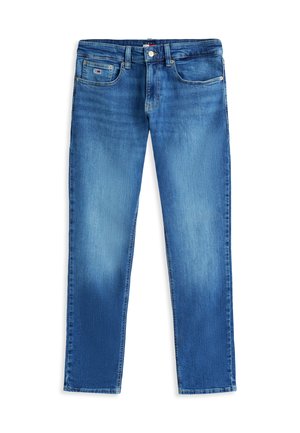 Lichtblauwe denim jeans met een rechte pijp, subtiele vervaging, traditionele vijfzakkenstijl, ritssluiting aan de voorkant en knoopsluiting.