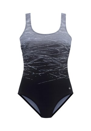 One-piece swimsuit with gradient gray to black color and abstract white streak patterns, featuring wide shoulder straps and a small side emblem.