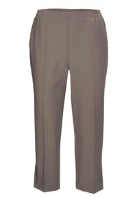 Hellbraune Hosen mit einem elastischen Bund, schmal geschnittenen Beinen und Knopfakzenten am Saum für einen verstellbaren Sitz. Glatte Stofftextur.