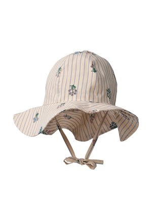 Lys beige solhatt med blå nålestriper, små flerfargede blomstertrykk, bred bølget brem, og hakestropp knytt i sløyfe.