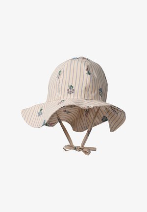 Lys beige solhatt med blå nålestriper, små flerfargede blomstertrykk, bred bølget brem, og hakestropp knytt i sløyfe.