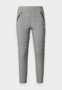 Gray plaid trousers with a tailored fit, featuring zipped pockets on the front and a smooth texture. Designed for a sleek silhouette.
