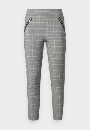 Gray plaid trousers with a tailored fit, featuring zipped pockets on the front and a smooth texture. Designed for a sleek silhouette.