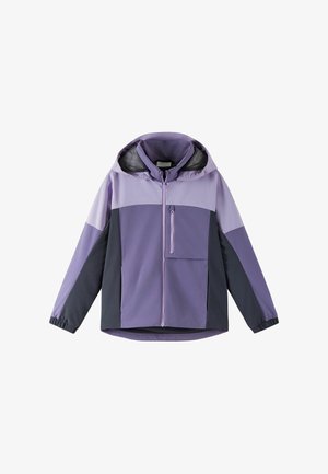 Veste à capuche à blocs de couleurs avec panneaux violet clair, violet foncé et noir, fermeture éclair frontale, poche poitrine zippée et poignets élastiques.