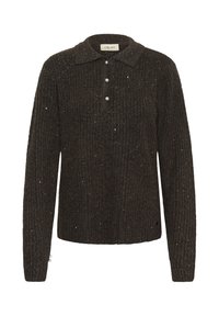 Tumši brūns rūtainas faktūras džemperis ar apkaklīti, trim pērļu pogām un teksturētu apdari ar smalkiem mirdzuma akcentiem.