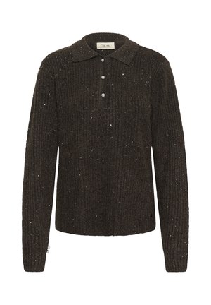 Tmavohnedý žebrovaný sveter s golierovým výstrihom, tromi perlovými gombíkmi a textúrovaným povrchom so subtílnymi trblietavými akcentmi.